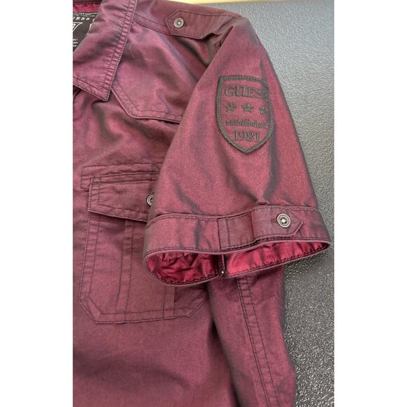 Y2K Guess Men's Short Sleeve Button Up Shirt Burgundy Military Style M - Picture 8 of 8